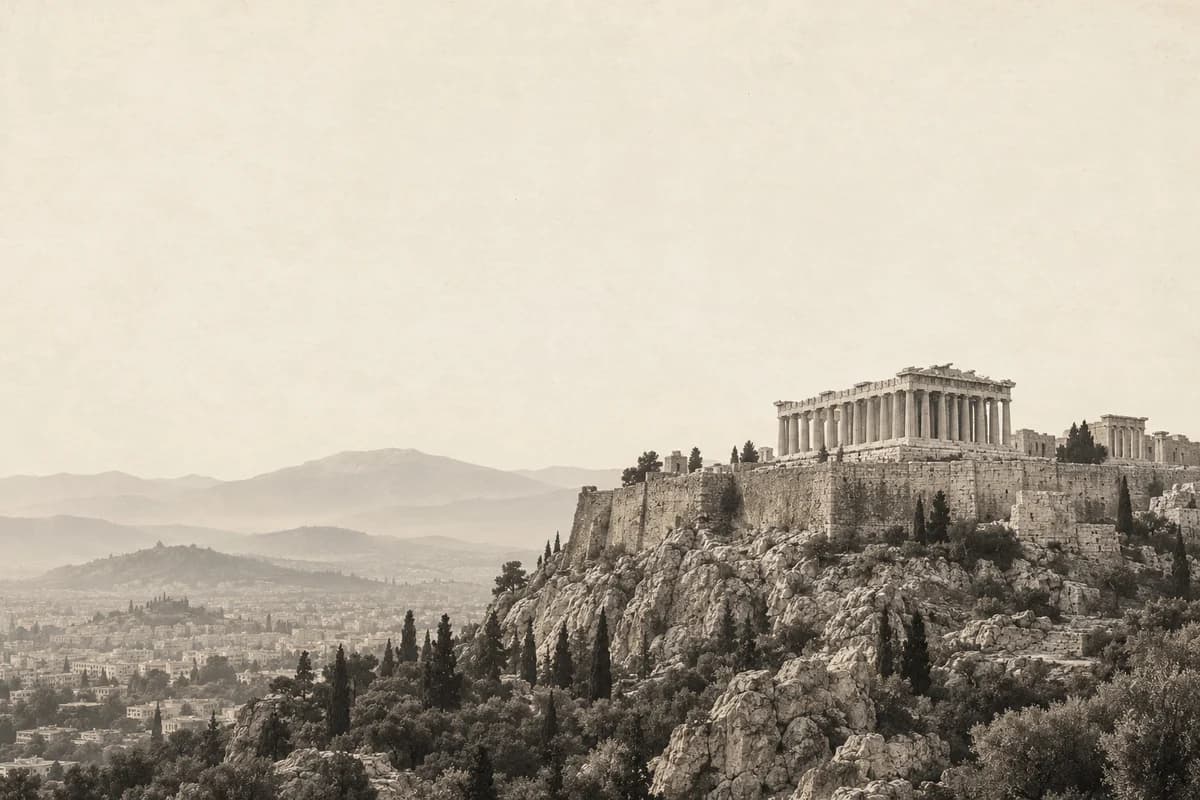 The Parthenon above a rocky Greek landscape