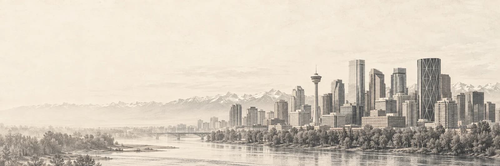 An editorial illustration of Calgary’s skyline with mountains in the distance